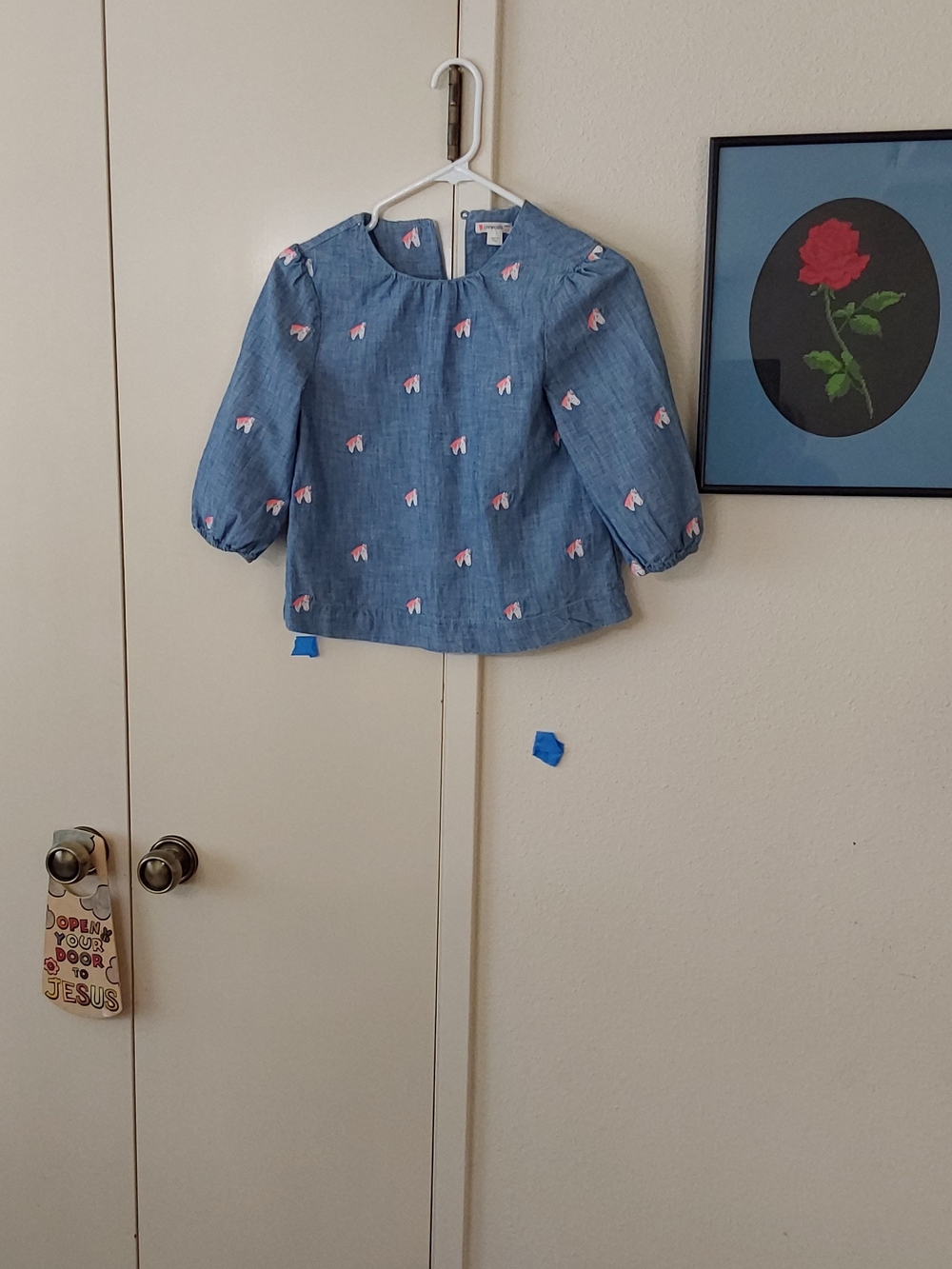 Girls' Light Blue Chambray Blouse with Pink Heart Motif
